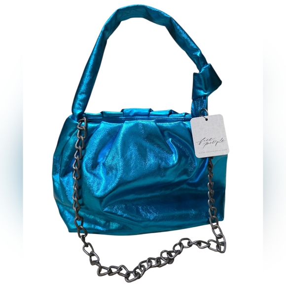 Free People Handbags - Free People Viva La Vegan Blue Metallic Shoulder Bag With Removable Chain Strap